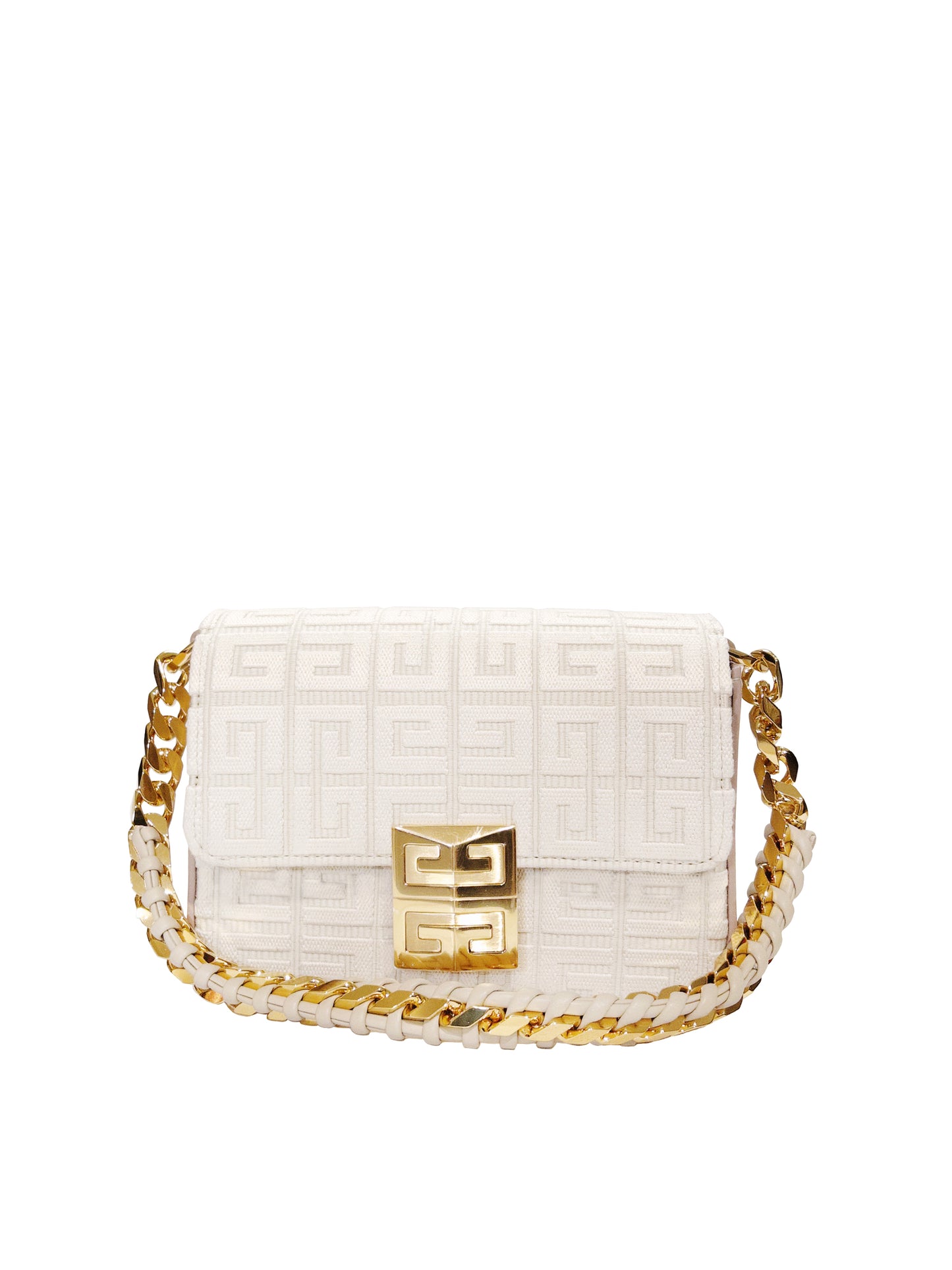 Naturweiße Tasche der Marke Givenchy aus Canvas-Material, mit G-Details, goldener Kette und Ledermix.
